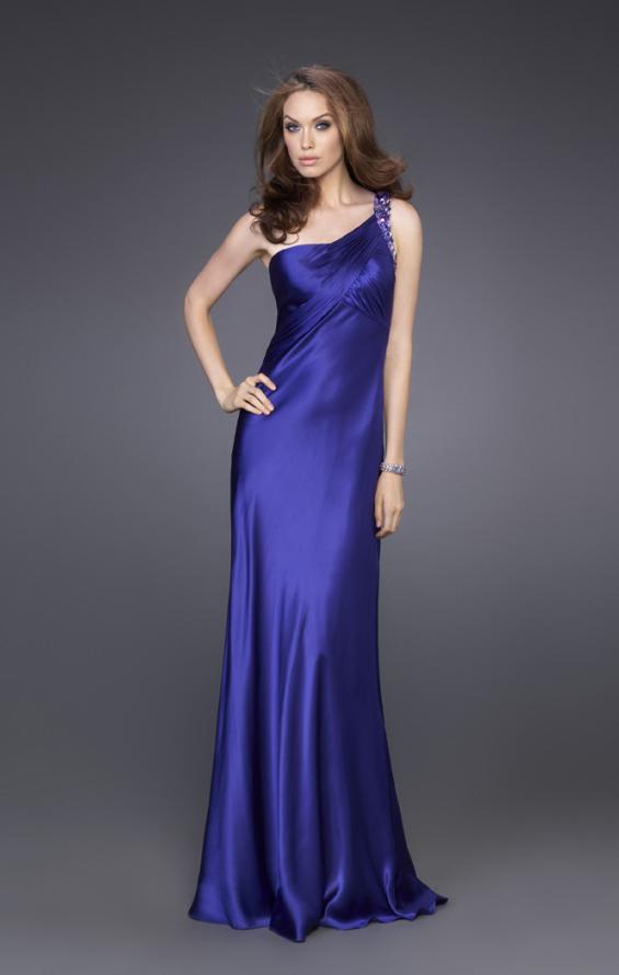 Picture of: Satin One Shoulder Gown with Illusion Back and Floral Detail in Purple, Style: 15683, Main Picture
