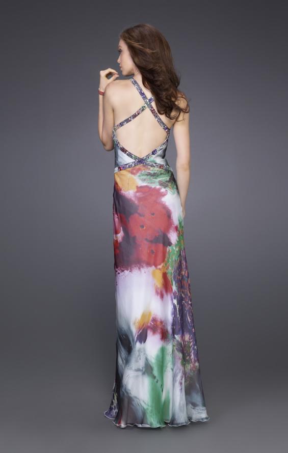Picture of: Floral Print Dress with Beaded Straps and Open Back in Multi, Style: 15689, Back Picture