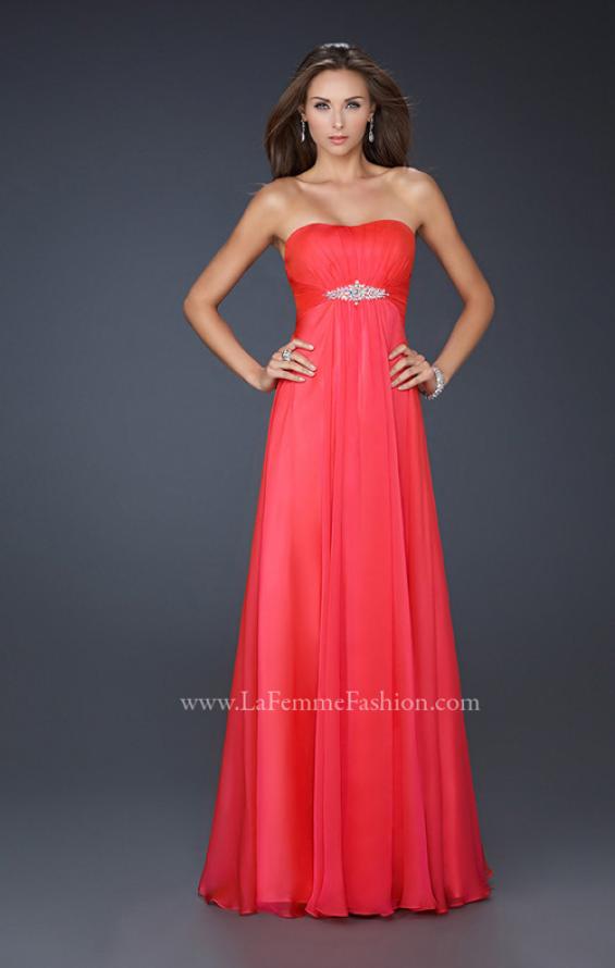 Picture of: Strapless Chiffon Dress with Crystal Broach and Ruching in Red, Style: 15720, Detail Picture 2