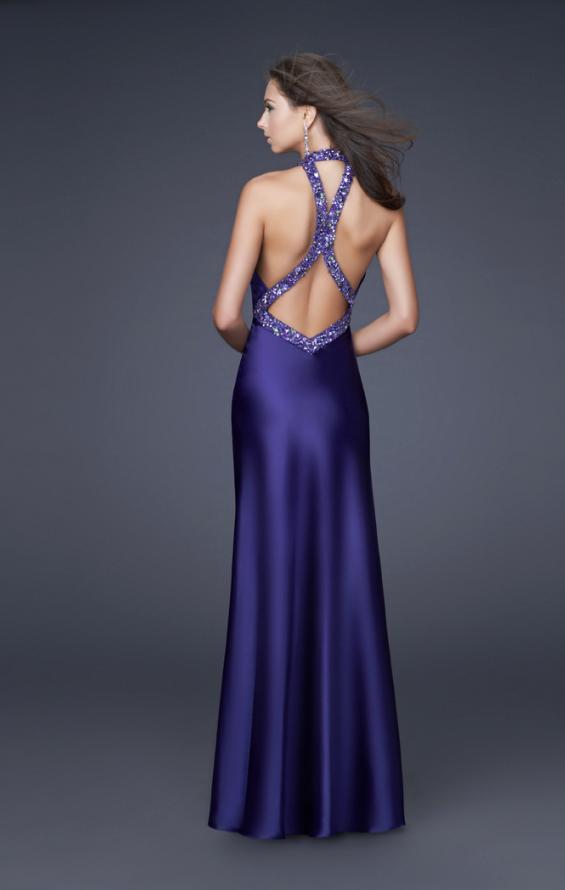 Picture of: Sleek Satin V Neck Prom Dress with Beaded Back in Purple, Style: 15801, Back Picture