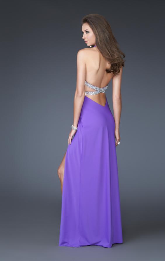 Picture of: Deep V Halter Dress with Embellished Waist and Back in Purple, Style: 16093, Back Picture