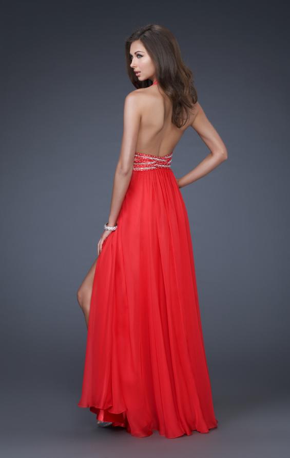 Picture of: Deep V Neck Halter Chiffon Dress with Beaded Detail in Red, Style: 16147, Back Picture