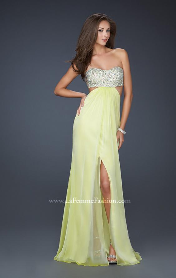 Picture of: Strapless Chiffon Gown with Beaded Bodice in Yellow, Style: 16291, Detail Picture 2