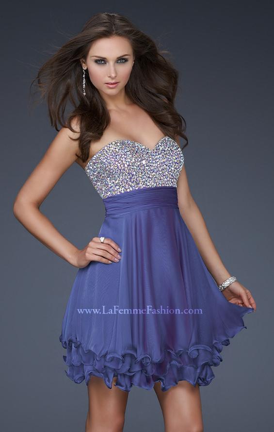 Picture of: Short Chiffon Prom Dress with Jewel Embellished Top in Navy, Style: 16541, Detail Picture 1