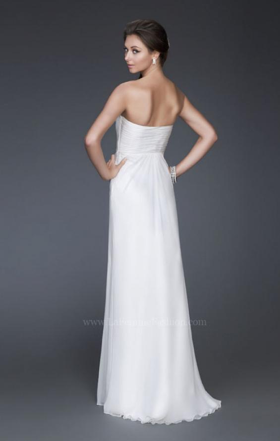 Picture of: Long Strapless Silk Chiffon Dress with Flower Embellishments in White, Style: 16763, Back Picture