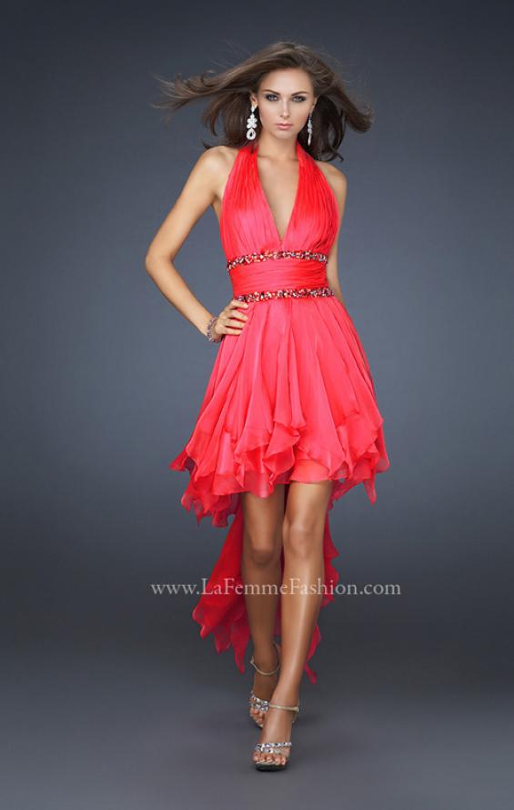 Picture of: High Low Prom Gown with Plunging V Halter Top in Red, Style: 16986, Detail Picture 1