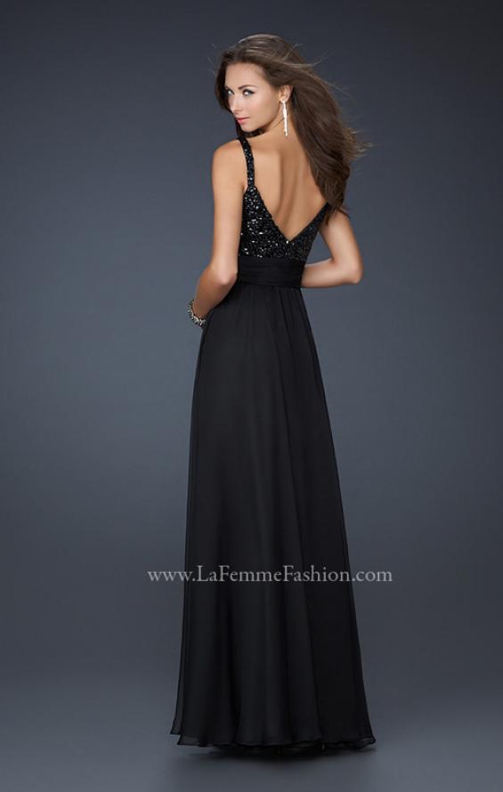 Picture of: Black Floor Length Dress with V Neck and Rhinestones in Black, Style: 17071, Back Picture