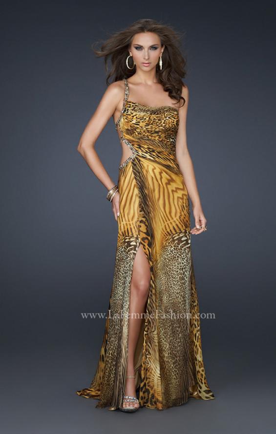 Picture of: Long Printed Prom Dress with Detailed Beaded Straps in Gold, Style: 17207, Back Picture