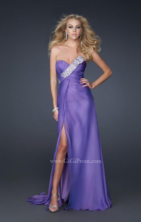 Picture of: Front Slit Long Prom Dress with Pleated Bust and Beads in Purple, Style: 17312, Main Picture