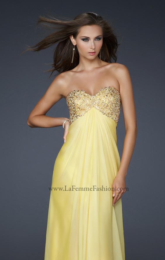 Picture of: Patterned Chiffon Prom Dress with Embellished Bust in Yellow, Style: 17499, Detail Picture 1