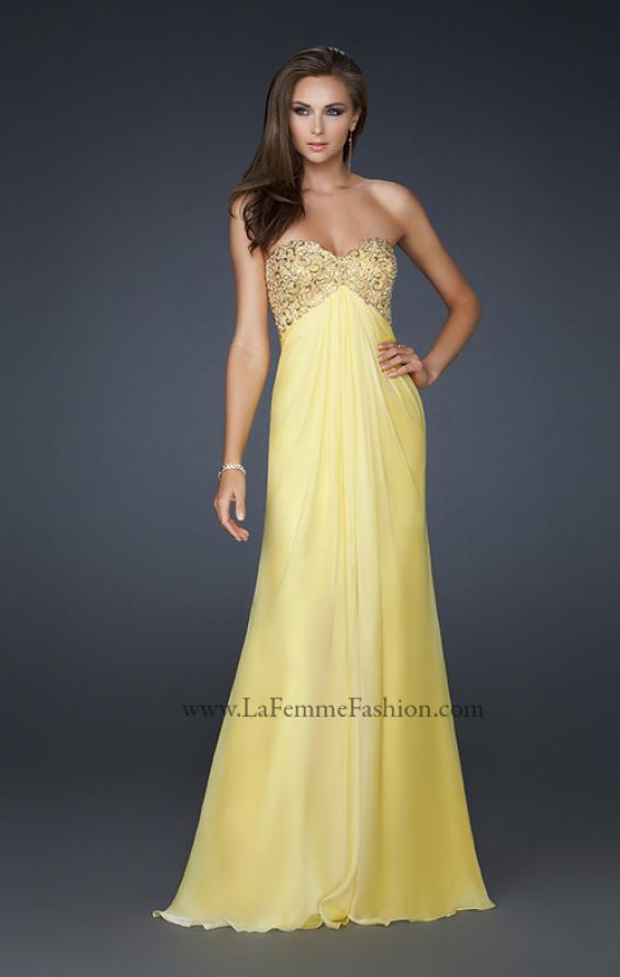 Picture of: Patterned Chiffon Prom Dress with Embellished Bust in Yellow, Style: 17499, Detail Picture 2