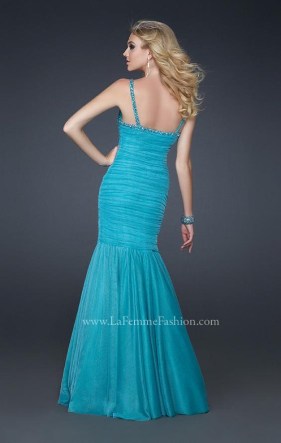 Picture of: Form Fitting Mermaid Dress with Beaded Neckline in Blue, Style: 17508, Back Picture