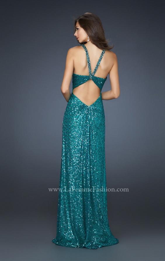 Picture of: Full Length Sequin Halter Dress with Diamond Open Back in Green, Style: 17538, Back Picture