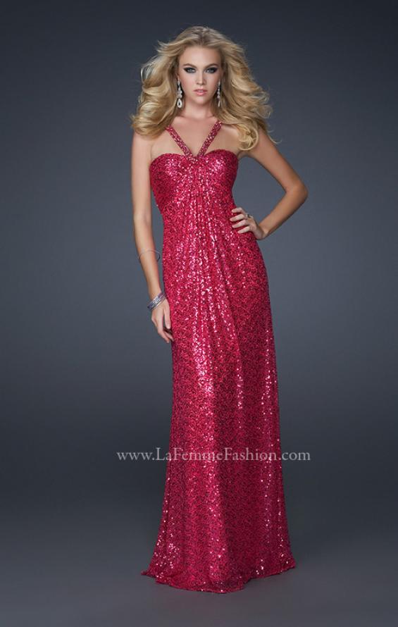 Picture of: Full Length Sequin Halter Dress with Diamond Open Back in Pink, Style: 17538, Detail Picture 1
