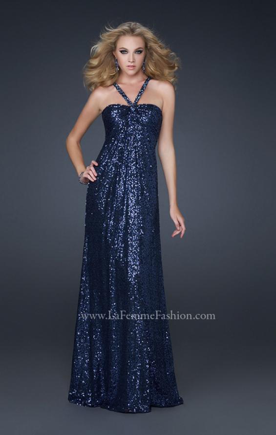 Picture of: Full Length Sequin Halter Dress with Diamond Open Back in Blue, Style: 17538, Detail Picture 2