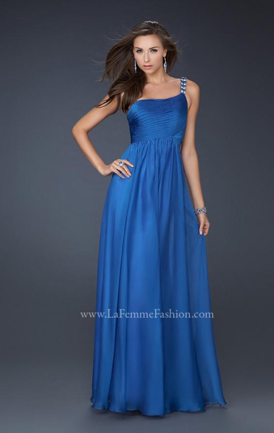 Picture of: Full Length Chiffon Gown with Embellished Shoulder Strap in Blue, Style: 17575, Detail Picture 1