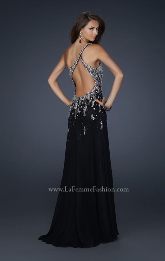 Picture of: One Shoulder Chiffon Gown with Intricate Back and Slit in Black, Style: 17706, Back Picture