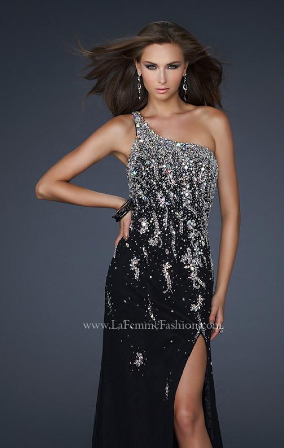 Picture of: One Shoulder Chiffon Gown with Intricate Back and Slit in Black, Style: 17706, Detail Picture 1