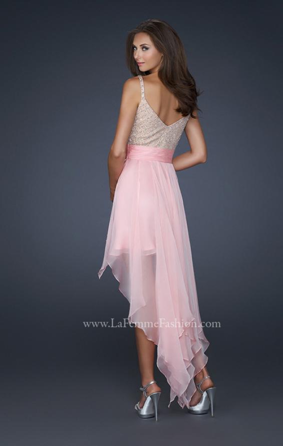 Picture of: V Neck Spaghetti Strap Gown with High Low Hem in Pink, Style: 17732, Back Picture