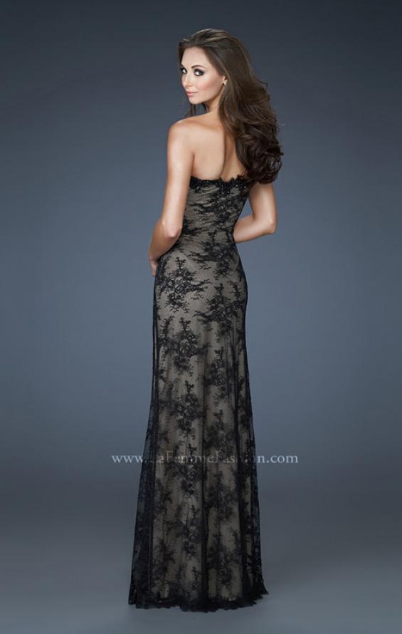 Picture of: Strapless Lace Gown with Scalloped Edges and Floral Detail in Black, Style: 17752, Back Picture