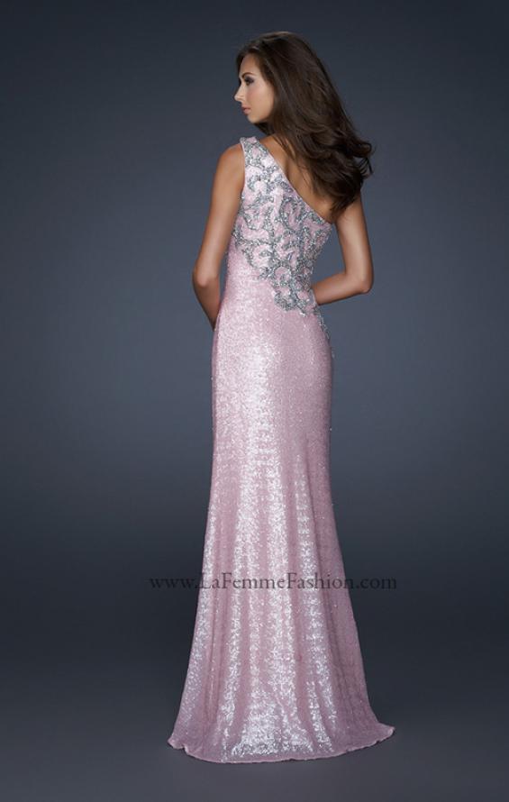 Picture of: One Shoulder Sequined Gown with Embellishments in Pink, Style: 17804, Back Picture