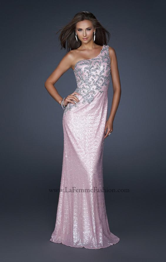 Picture of: One Shoulder Sequined Gown with Embellishments in Pink, Style: 17804, Detail Picture 1