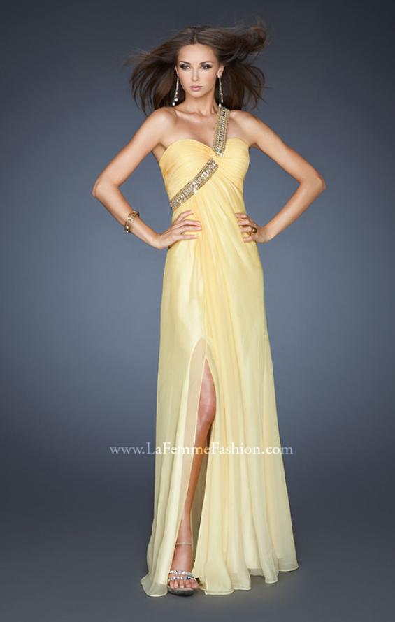 Picture of: One Shoulder Prom Dress with High Front Slit and Beads in Yellow, Style: 18398, Detail Picture 3
