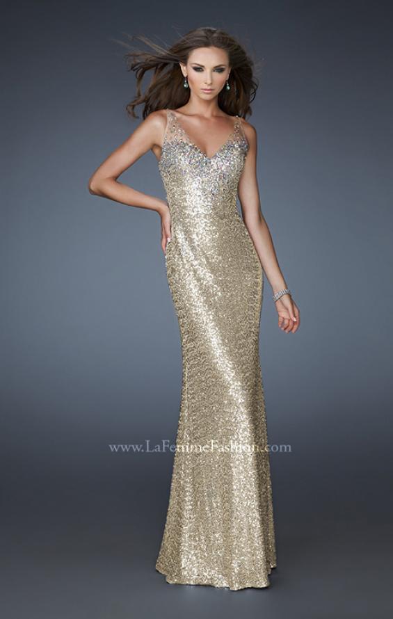 Picture of: V Neck Sequined Gown with Sheer Straps and Stones in Gold, Style: 18440, Detail Picture 1