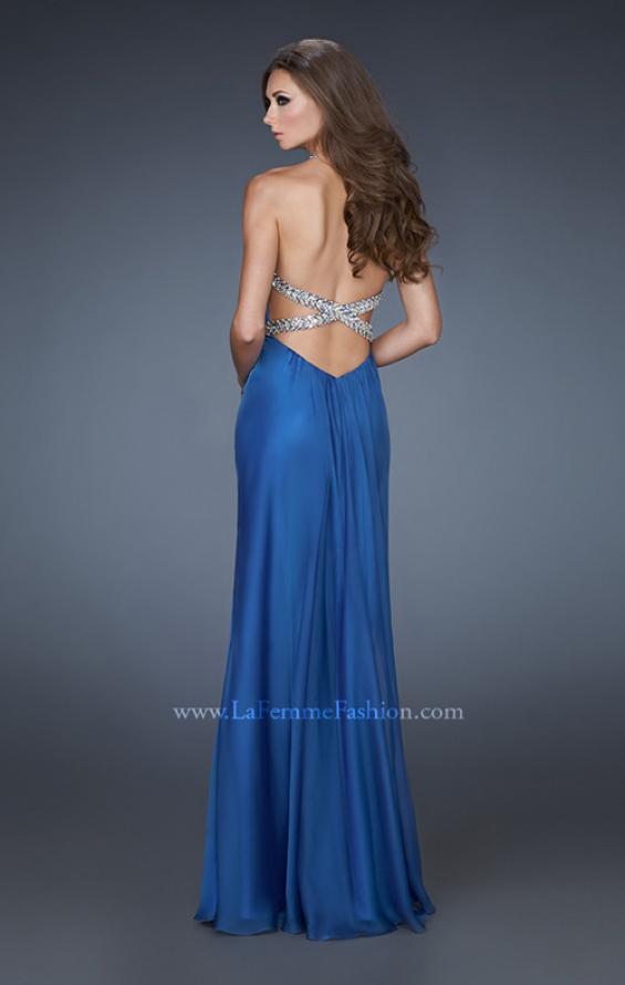 Picture of: Halter Top Prom Dress with Beaded Detail and Gathering in Blue, Style: 18476, Back Picture