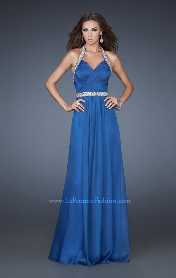 Picture of: Halter Top Prom Dress with Beaded Detail and Gathering in Blue, Style: 18476, Detail Picture 1