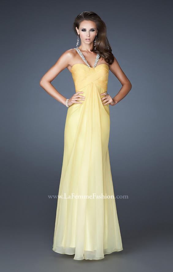 Picture of: Beaded V Strap Prom Dress with Subtle Ombre and Cut Outs in Yellow, Style: 18529, Main Picture