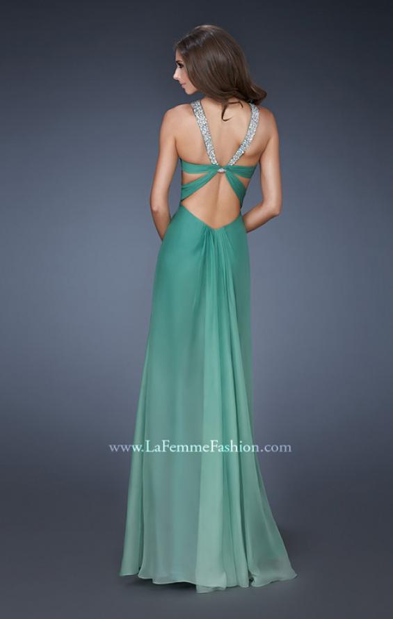 Picture of: Beaded V Strap Prom Dress with Subtle Ombre and Cut Outs in Green, Style: 18529, Back Picture