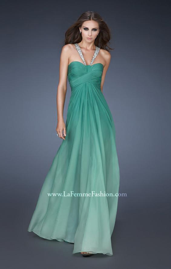 Picture of: Beaded V Strap Prom Dress with Subtle Ombre and Cut Outs in Green, Style: 18529, Detail Picture 1