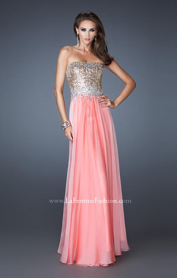 Picture of: Strapless Chiffon Gown Embellished with Sequins and Gems in Orange, Style: 18556, Detail Picture 1