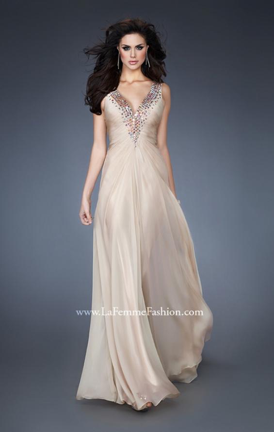 Picture of: Chiffon V Neck Prom Gown with Iridescent Stone Detail in Nude, Style: 18604, Main Picture