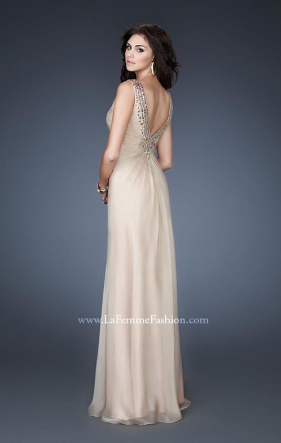 Picture of: Chiffon V Neck Prom Gown with Iridescent Stone Detail in Nude, Style: 18604, Back Picture