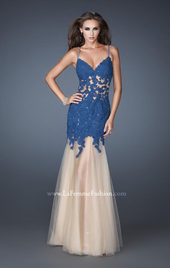 Picture of: Trumpet Style Prom Dress with Neckline and Thin Straps in Blue, Style: 18675, Detail Picture 1