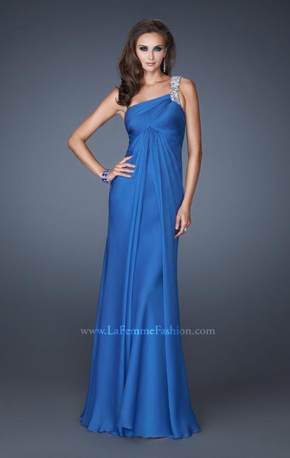 Picture of: Ruched Bodice Prom Dress with Patterned Top in Blue, Style: 18738, Detail Picture 1