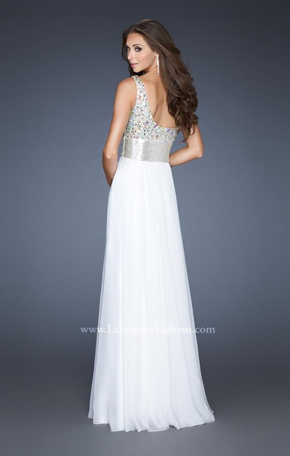 Picture of: Beaded Bodice Long Prom Dress with Belt Detail in White, Style: 18754, Back Picture