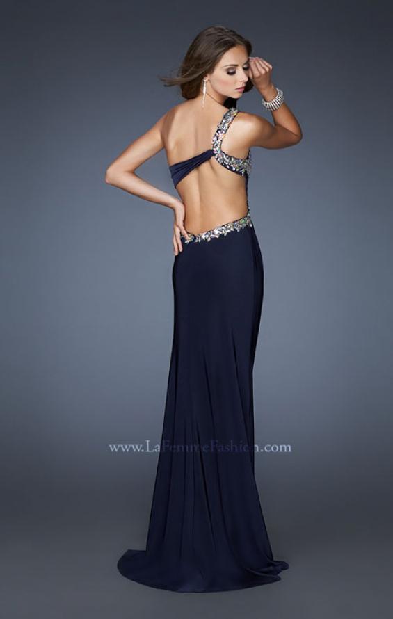 Picture of: Long One Shoulder Gown with Open Back and Beads in Blue, Style: 18783, Main Picture