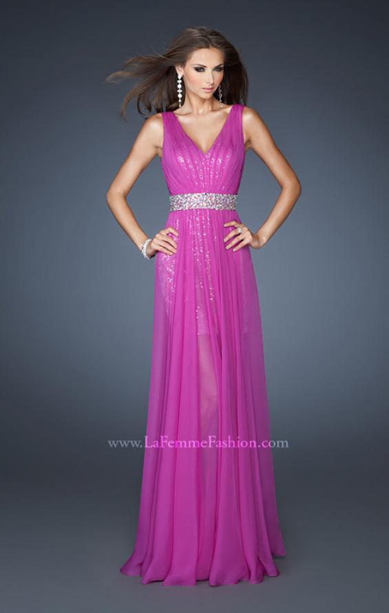 Picture of: Short Sequin Prom Dress with Long Chiffon Overlay and Belt in Purple, Style: 18865, Main Picture
