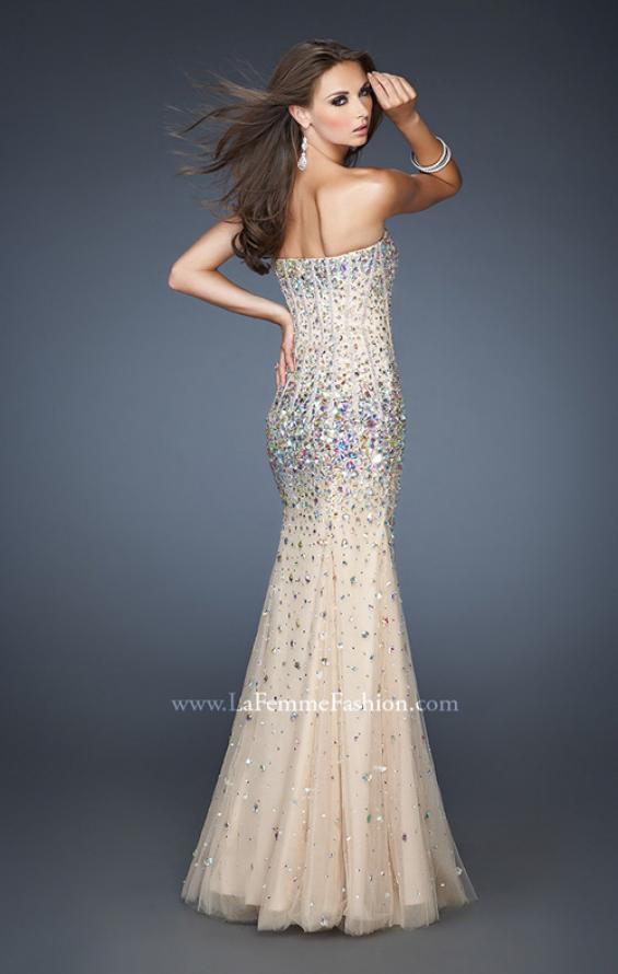 Picture of: Long Strapless Bedazzled Mermaid Gown with Corset Bodice in Nude, Style: 18873, Back Picture