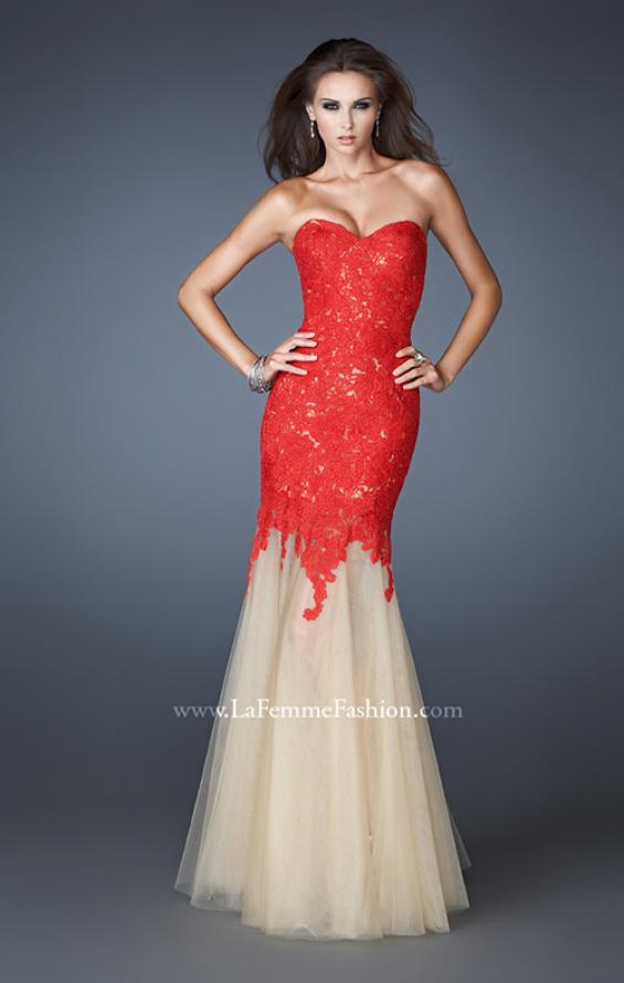 Picture of: Strapless Long Fitted Mermaid Lace Dress with Tulle Skirt in Red, Style: 18951, Detail Picture 1