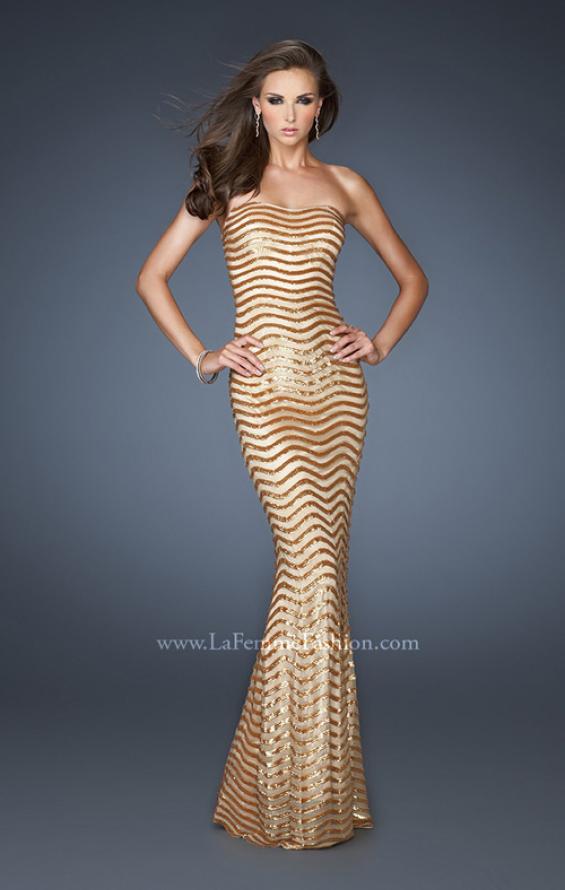 Picture of: Strapless Fitted Long Prom Dress with Sequin Pattern in Gold, Style: 18964, Main Picture
