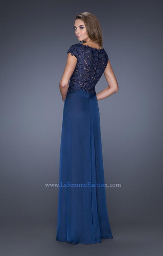 Picture of: Long Gown with Pleated Bodice and Sheer Lace Back in Blue, Style: 19143, Back Picture