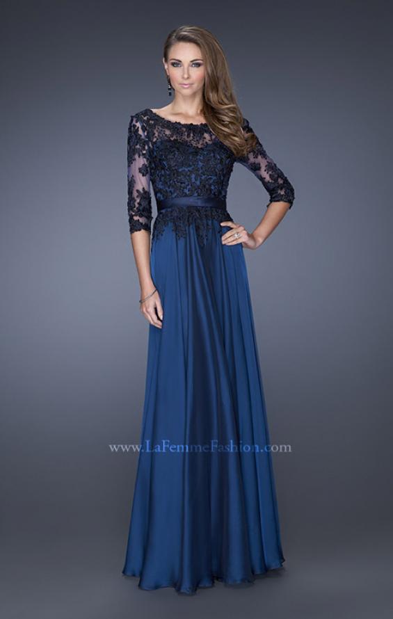 Picture of: Long A-line Dress with Lace Overlay on Bodice and Sleeves in Blue, Style: 19144, Main Picture