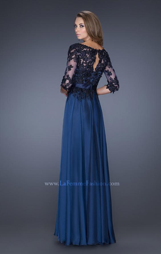 Picture of: Long A-line Dress with Lace Overlay on Bodice and Sleeves in Blue, Style: 19144, Back Picture