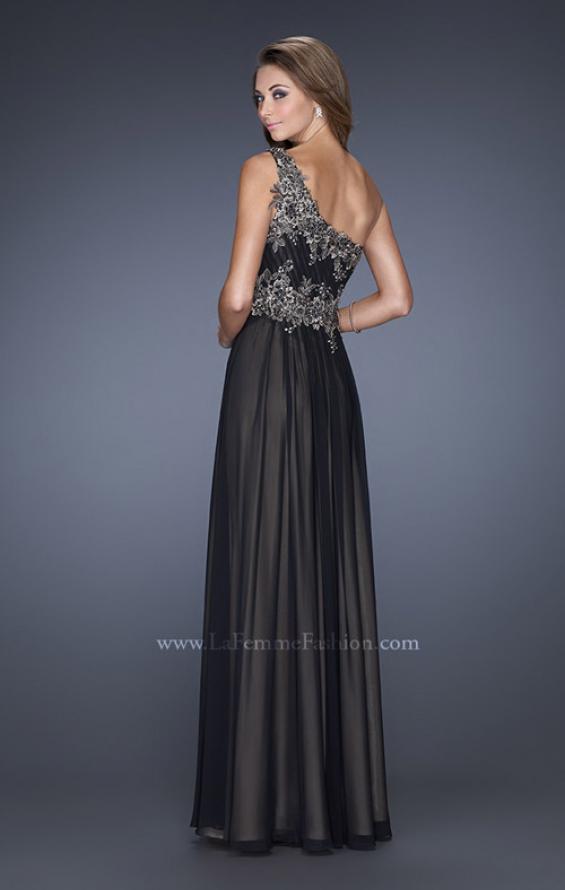 Picture of: One Shoulder Chiffon Gown with Lace Beading on Bodice in Black, Style: 19148, Back Picture
