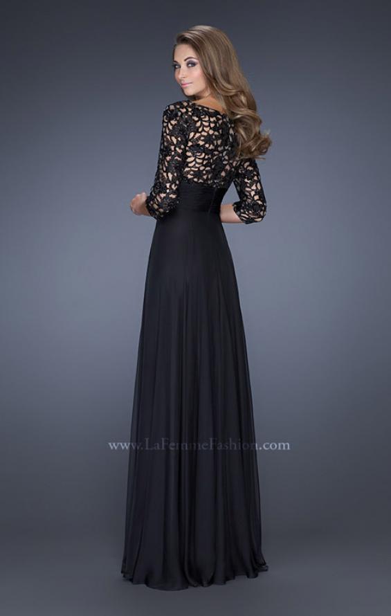 Picture of: Long Gown with Lace Sleeves and Fitted Waist in Black, Style: 19149, Back Picture