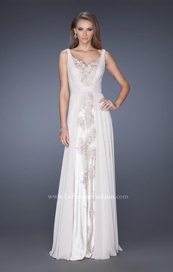 Picture of: Long Chiffon Prom Gown with Lace Panel Detail in White, Style: 19181, Main Picture